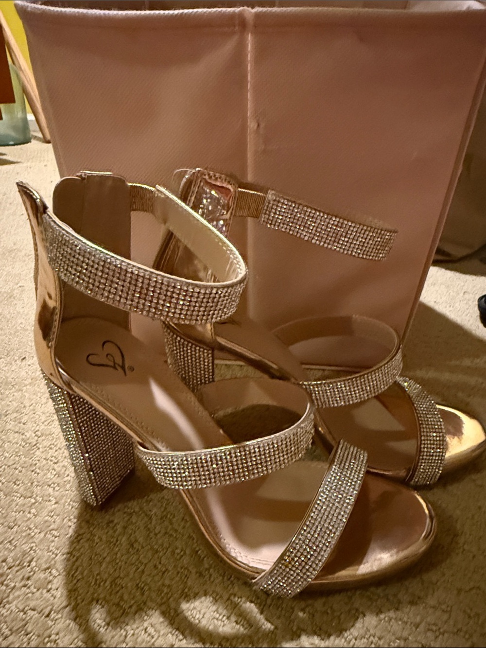 Women's Rhinestone Strappy Block Heel Sandals - Gold
